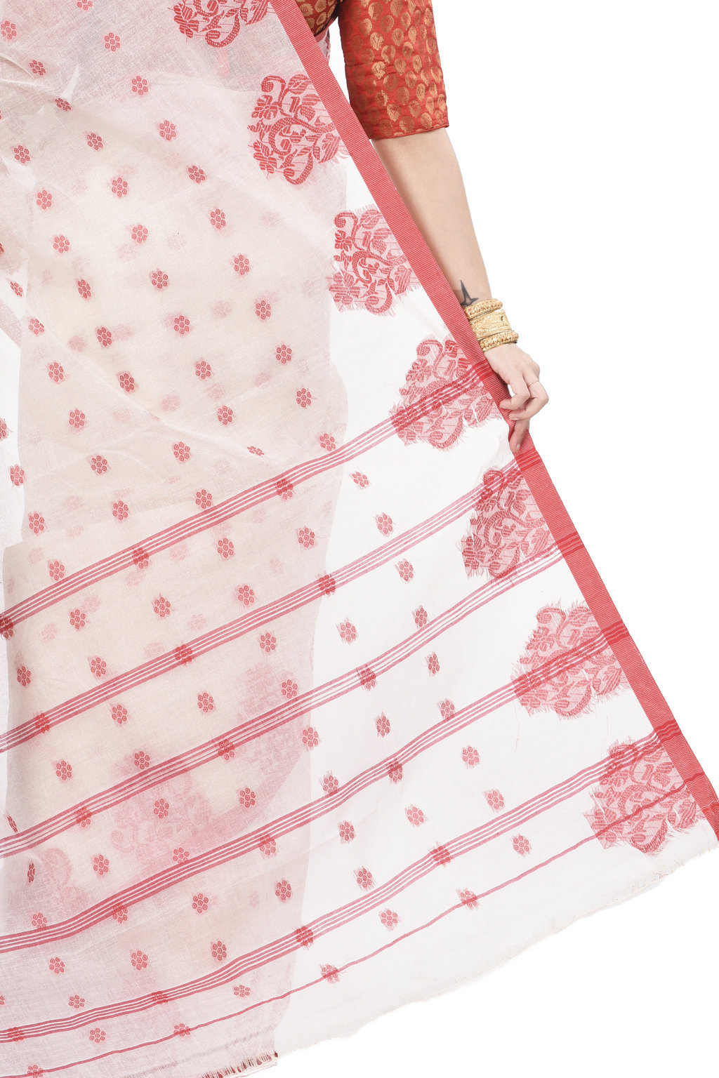 Red Pure Cotton Botgach Tant Saree (521)